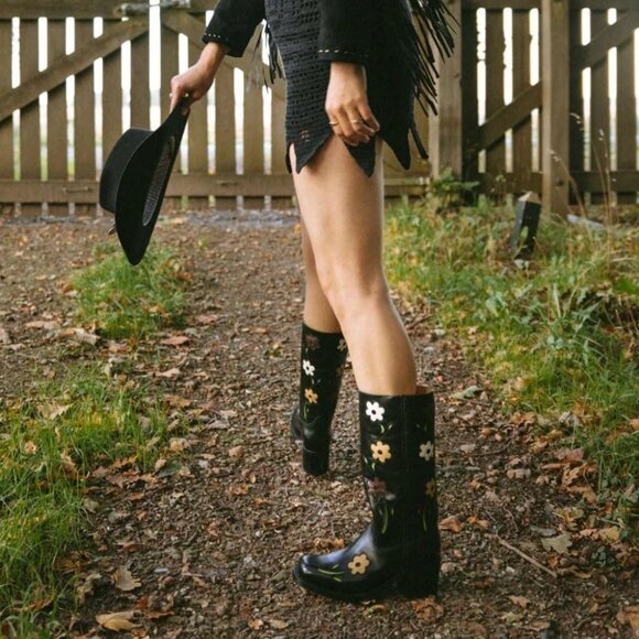 🆕Women Black Faux Leather Knee High with Flowers Square Toe Chunky Heel Boots - Picture 9 of 10